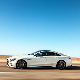 A stunning 4-door sedan that masterfully combines the elegance and power of the LaFerrari with the sophisticated luxury of the Mercedes CLS AMG, speeding under a clear blue sky