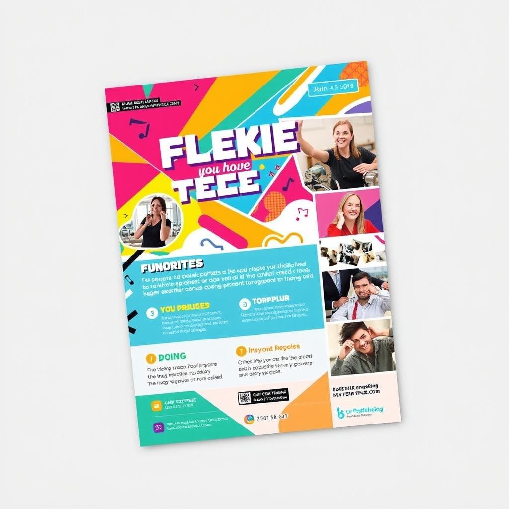 A colorful and eye-catching flyer with dimensions of A5, featuring a vibrant design that captures attention