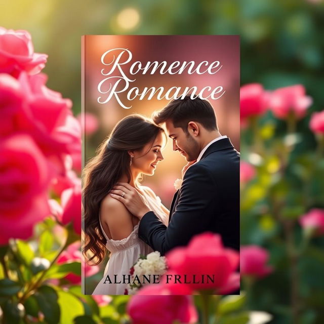 A romantic book cover design featuring a couple embraced in a tender moment