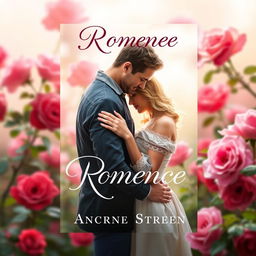 A romantic book cover design featuring a couple embraced in a tender moment