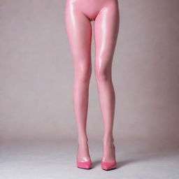 A girl in pink latex pantyhose without shoes, displaying her feet in a tasteful and respectful manner.