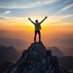 An awe-inspiring image of a person standing triumphantly at the top of a rugged mountain, symbolizing the achievement of personal and professional success