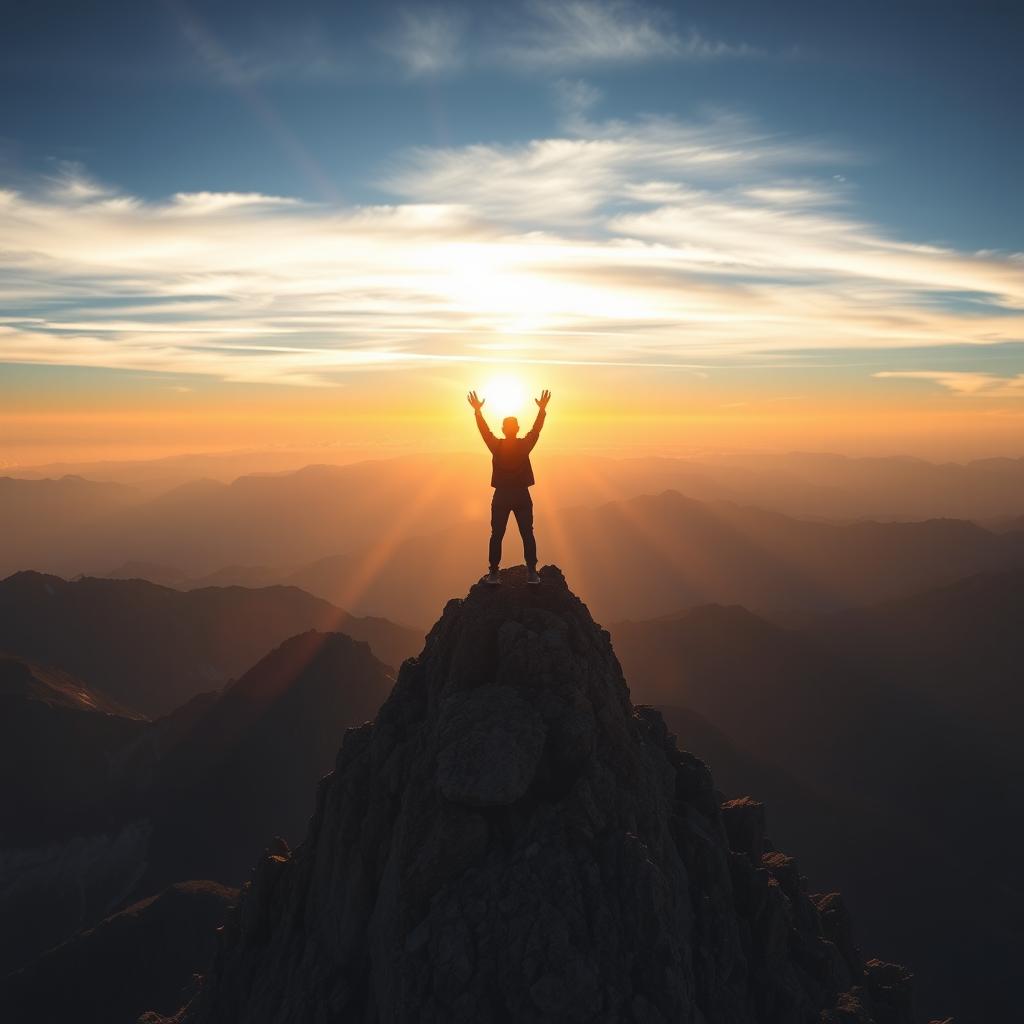 An awe-inspiring image of a person standing triumphantly at the top of a rugged mountain, symbolizing the achievement of personal and professional success