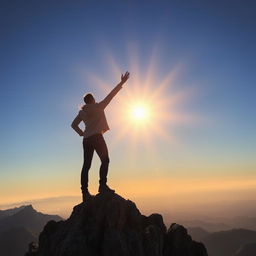 An awe-inspiring image of a person standing triumphantly at the top of a rugged mountain, symbolizing the achievement of personal and professional success