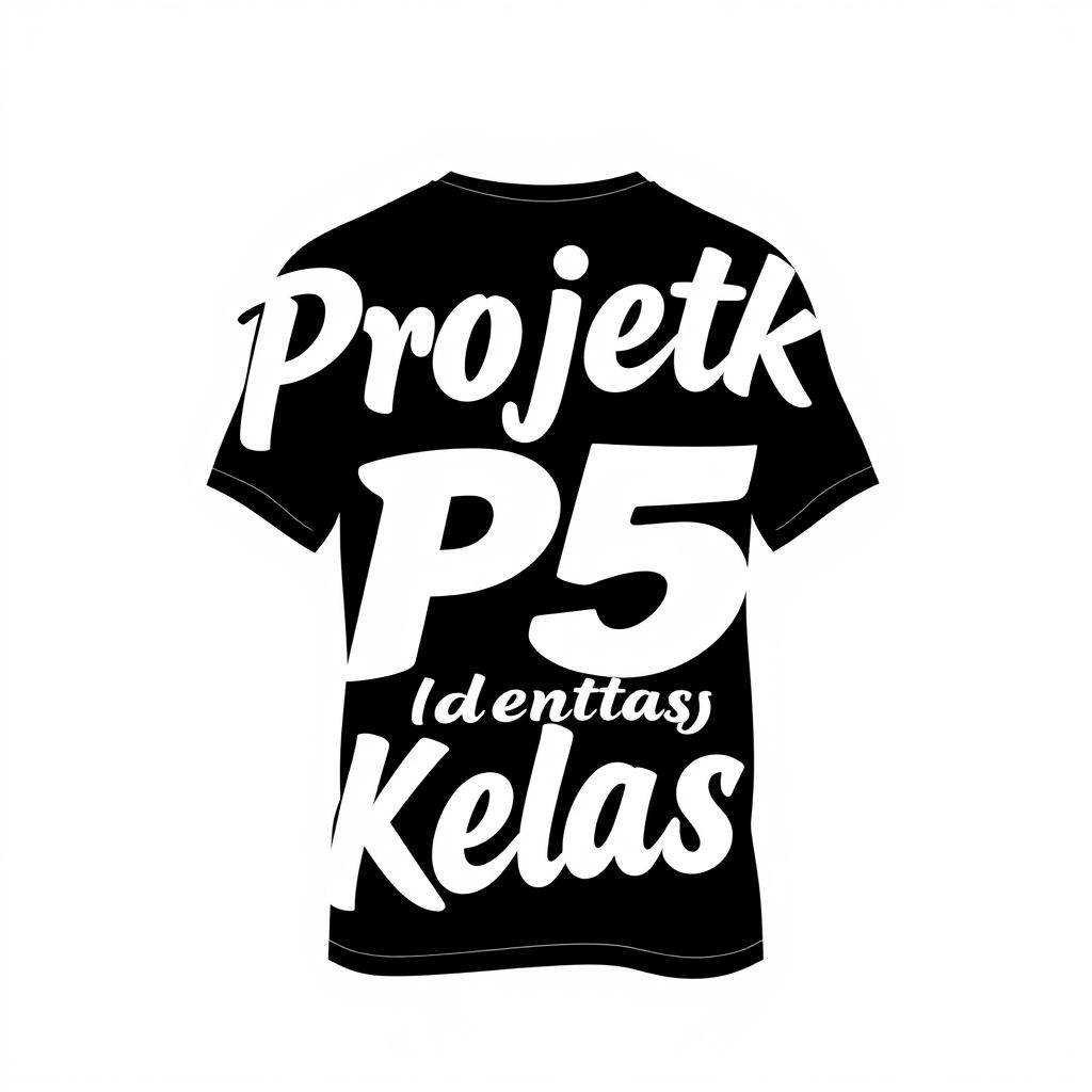 T-shirt design using black and white colors featuring the words "Projek P5 dan identitas Kelas" in an artistic and bold font