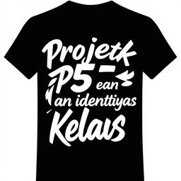 T-shirt design using black and white colors featuring the words "Projek P5 dan identitas Kelas" in an artistic and bold font