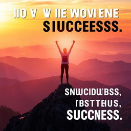 A motivational scene showcasing a person triumphantly standing atop a mountain peak during sunrise, symbolizing personal and professional success