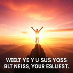 A motivational scene showcasing a person triumphantly standing atop a mountain peak during sunrise, symbolizing personal and professional success