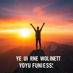 A motivational scene showcasing a person triumphantly standing atop a mountain peak during sunrise, symbolizing personal and professional success