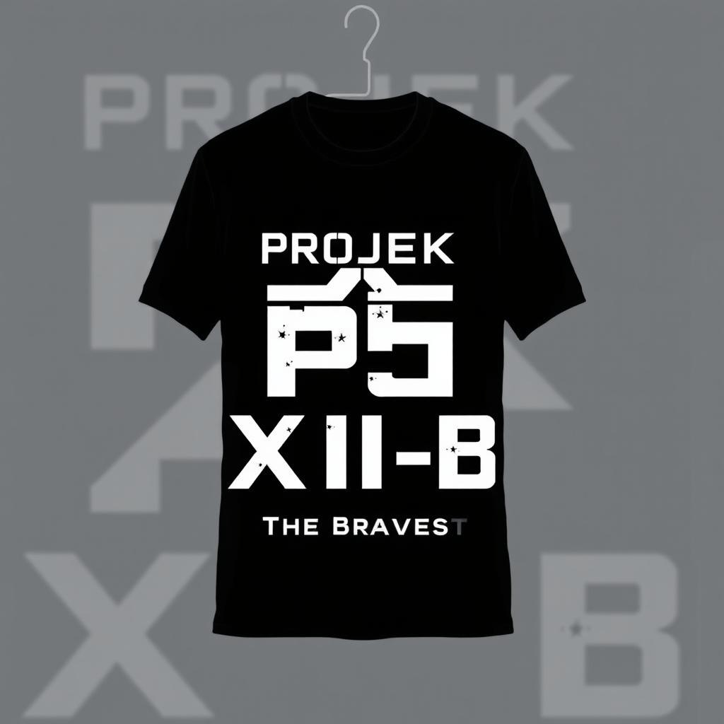 Design a t-shirt featuring a monochrome color scheme with the phrases "Projek P5", "XII-B", and "The Bravest" prominently displayed