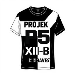 Design a t-shirt featuring a monochrome color scheme with the phrases "Projek P5", "XII-B", and "The Bravest" prominently displayed