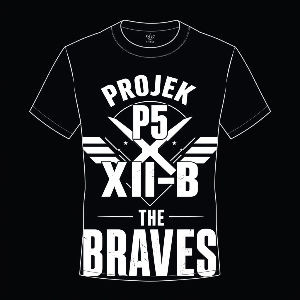 Design a t-shirt featuring a monochrome color scheme with the phrases "Projek P5", "XII-B", and "The Bravest" prominently displayed