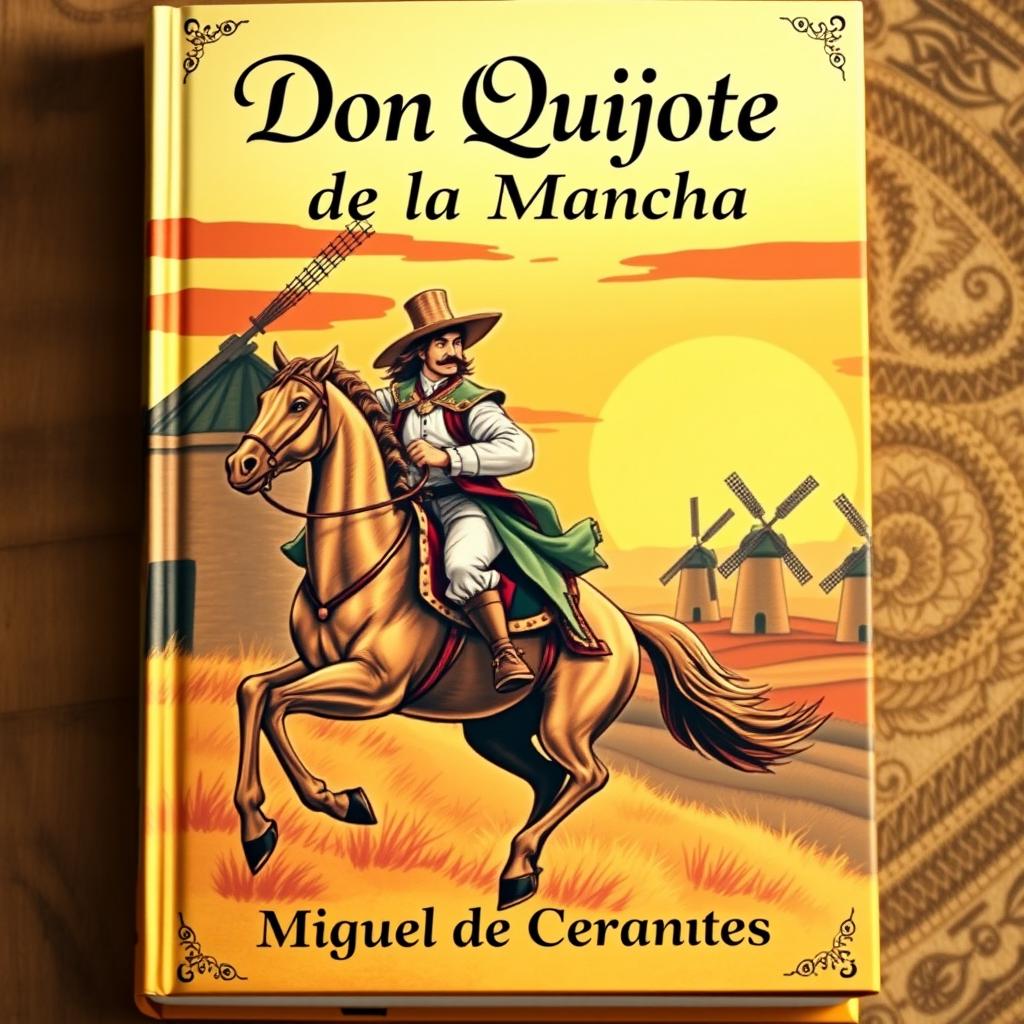 A fictional book cover for 'Don Quijote', featuring a dynamic and vividly artistic illustration of Don Quixote on horseback, with windmills in the background