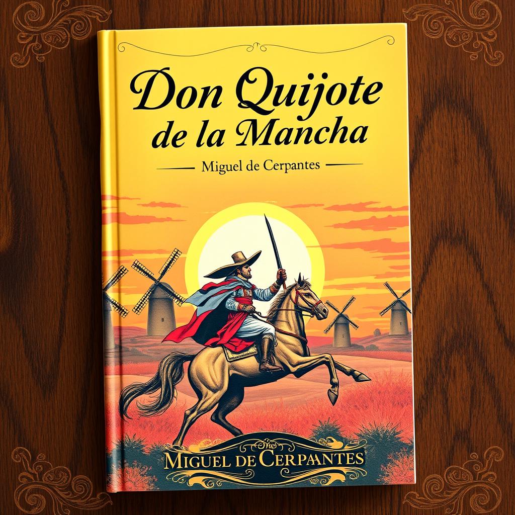 A fictional book cover for 'Don Quijote', featuring a dynamic and vividly artistic illustration of Don Quixote on horseback, with windmills in the background