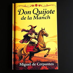 A fictional book cover for 'Don Quijote', featuring a dynamic and vividly artistic illustration of Don Quixote on horseback, with windmills in the background