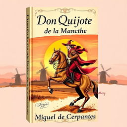 A fictional book cover for 'Don Quijote', featuring a dynamic and vividly artistic illustration of Don Quixote on horseback, with windmills in the background