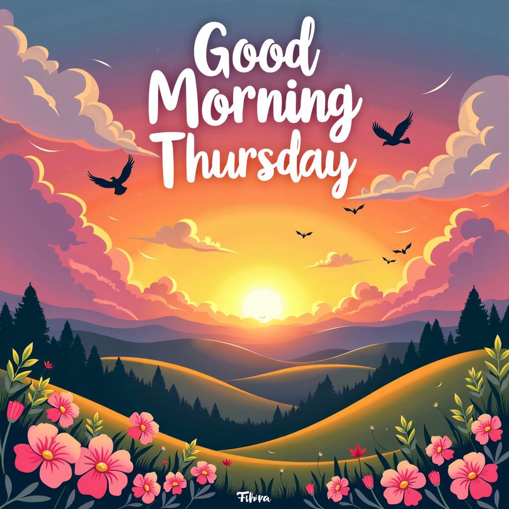 A vibrant and uplifting poster with the words "Good Morning Thursday" set against a backdrop of a beautiful sunrise