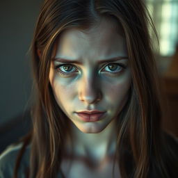 A young white brunette woman, her face marked by a weary expression, symbolizing exhaustion from living in fear