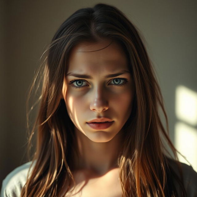 A young white brunette woman, her face marked by a weary expression, symbolizing exhaustion from living in fear