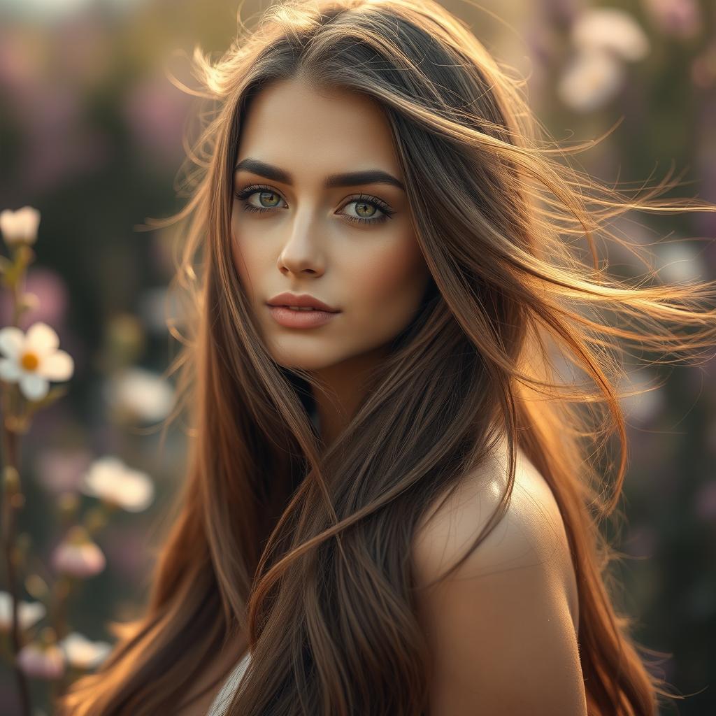 A stunningly beautiful woman with long, flowing hair, gracefully cascading over her shoulders