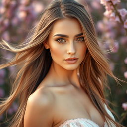 A stunningly beautiful woman with long, flowing hair, gracefully cascading over her shoulders