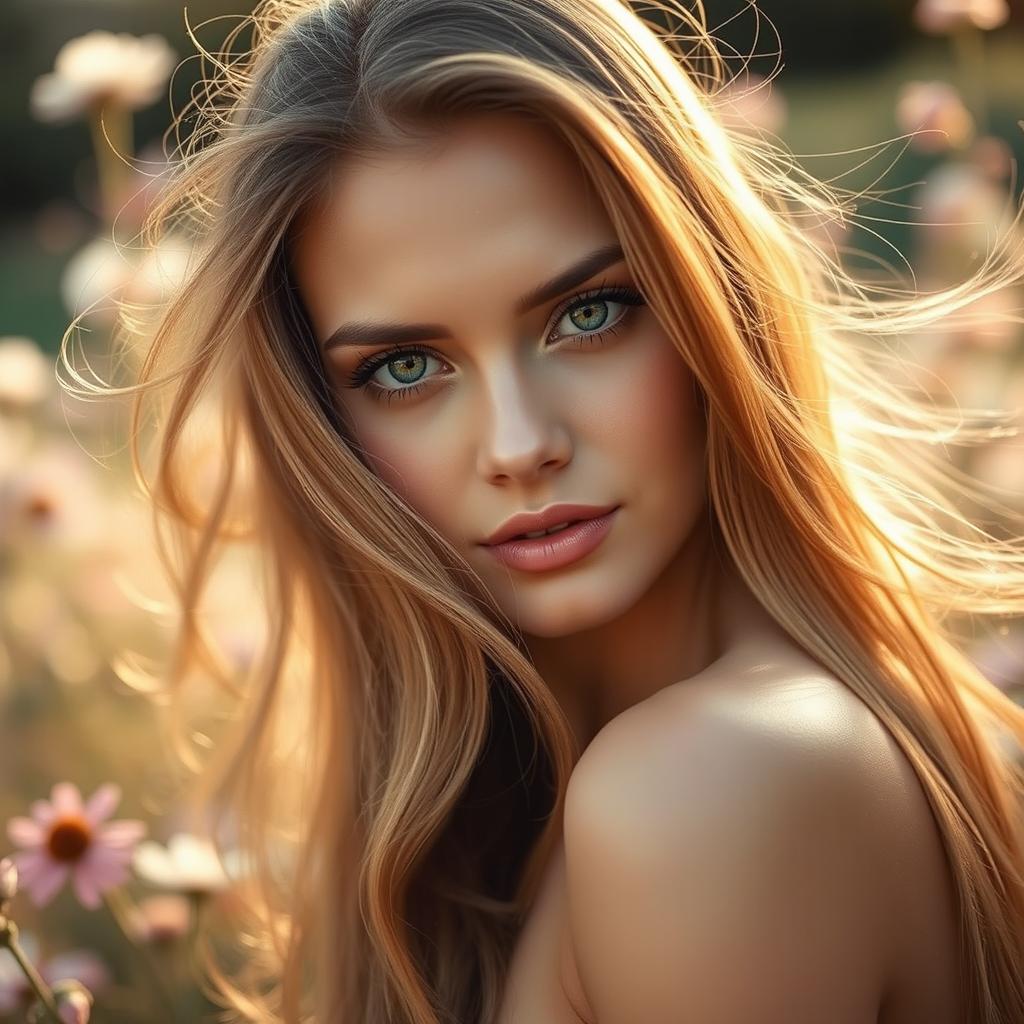 A stunningly beautiful woman with long, flowing hair, gracefully cascading over her shoulders