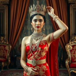 A beautiful 19-year-old Javanese queen with an ideal, proportional body and distinctive features: an oval face, elongated cheekbones, fair skin, pointed nose, one arm raised above her head, and small thin lips