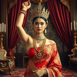 A beautiful 19-year-old Javanese queen with an ideal, proportional body and distinctive features: an oval face, elongated cheekbones, fair skin, pointed nose, one arm raised above her head, and small thin lips