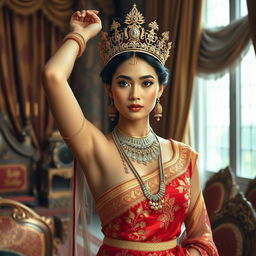 A beautiful 19-year-old Javanese queen with an ideal, proportional body and distinctive features: an oval face, elongated cheekbones, fair skin, pointed nose, one arm raised above her head, and small thin lips