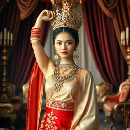 A beautiful 19-year-old Javanese queen with an ideal, proportional body and distinctive features: an oval face, elongated cheekbones, fair skin, pointed nose, one arm raised above her head, and small thin lips