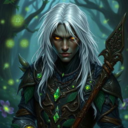 a male dnd drow druid mercenary, characterized by his medium length white hair that contrasts sharply with his dark skin, and piercing golden eyes shining with a sense of mystery and wisdom