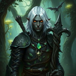 a male dnd drow druid mercenary, characterized by his medium length white hair that contrasts sharply with his dark skin, and piercing golden eyes shining with a sense of mystery and wisdom