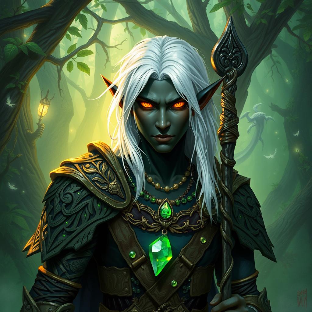 a male dnd drow druid mercenary, characterized by his medium length white hair that contrasts sharply with his dark skin, and piercing golden eyes shining with a sense of mystery and wisdom