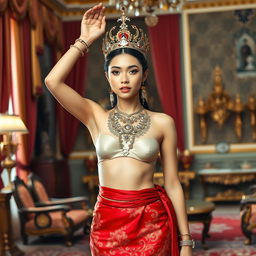 A stunning young 19-year-old queen of the Javanese kingdom, exuding elegance and luxury as she poses in a lavish palace setting