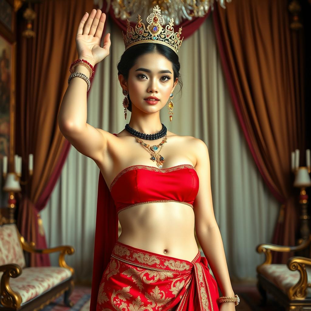 A stunning young 19-year-old queen of the Javanese kingdom, exuding elegance and luxury as she poses in a lavish palace setting