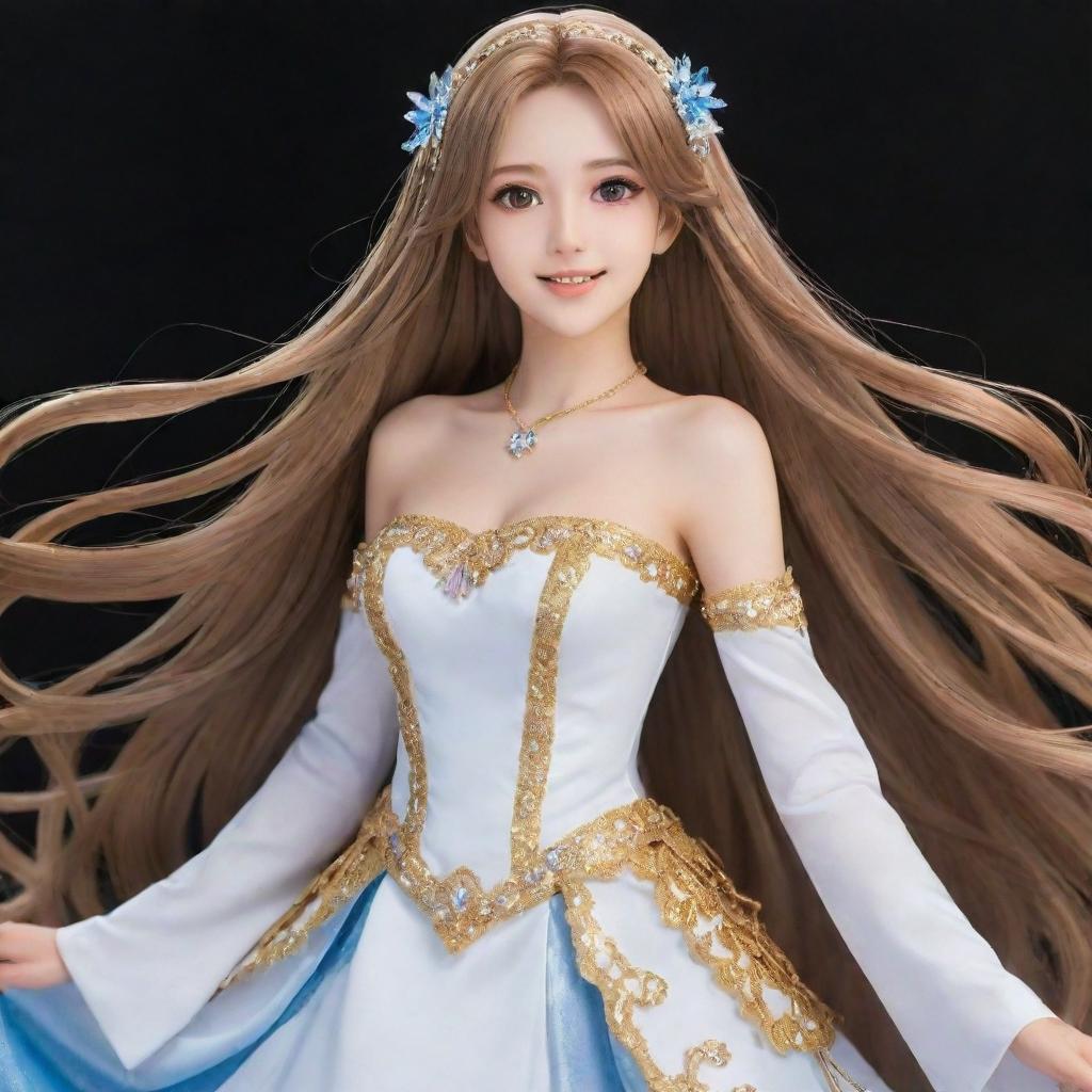 A stunning anime girl with long, flowing hair, sparkling eyes, and an elegant costume. She possesses an aura of grace and displays a charming smile.