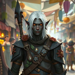 a male dnd drow druid mercenary, characterized by his medium length white hair that contrasts with his dark skin, and intense golden eyes filled with curiosity and intelligence