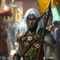 a male dnd drow druid mercenary, characterized by his medium length white hair that contrasts with his dark skin, and intense golden eyes filled with curiosity and intelligence