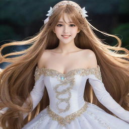 A stunning anime girl with long, flowing hair, sparkling eyes, and an elegant costume. She possesses an aura of grace and displays a charming smile.