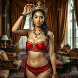 A stunning young 19-year-old queen of the Javanese kingdom, exuding elegance and luxury as she poses in a lavish palace setting