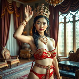 A stunning young 19-year-old queen of the Javanese kingdom, exuding elegance and luxury as she poses in a lavish palace setting