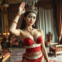 A stunning young 19-year-old queen of the Javanese kingdom, exuding elegance and luxury as she poses in a lavish palace setting