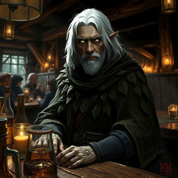 An older male DnD drow druid mercenary with medium-length white hair and glowing white eyes, sitting confidently in a dimly lit tavern