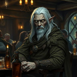 An older male DnD drow druid mercenary with medium-length white hair and glowing white eyes, sitting confidently in a dimly lit tavern