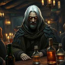 An older male DnD drow druid mercenary with medium-length white hair and glowing white eyes, sitting confidently in a dimly lit tavern