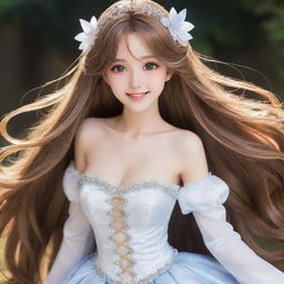 A stunning anime girl with long, flowing hair, sparkling eyes, and an elegant costume. She possesses an aura of grace and displays a charming smile.