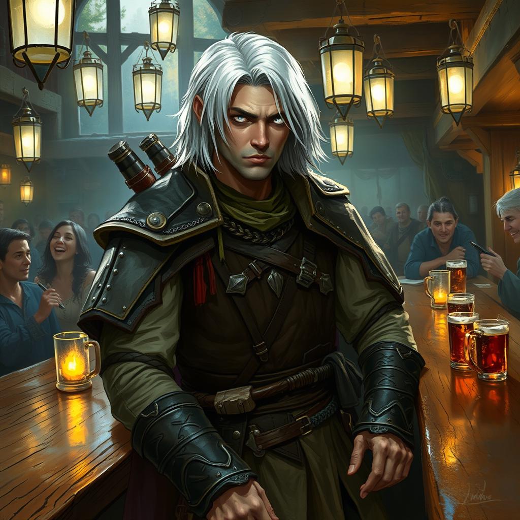 A male DnD drow druid mercenary with medium-length white hair and glowing white eyes, situated in a bustling tavern