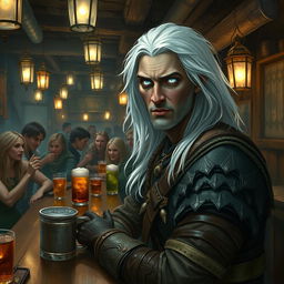 A male DnD drow druid mercenary with medium-length white hair and glowing white eyes, situated in a bustling tavern