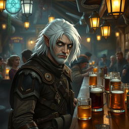 A male DnD drow druid mercenary with medium-length white hair and glowing white eyes, situated in a bustling tavern