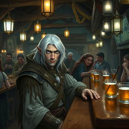 A male DnD drow druid mercenary with medium-length white hair and glowing white eyes, situated in a bustling tavern